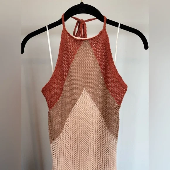 Lulu's Cancun Calling Taupe Multi Crochet Halter Midi Sweater Dress Small NWT - Picture 7 of 10